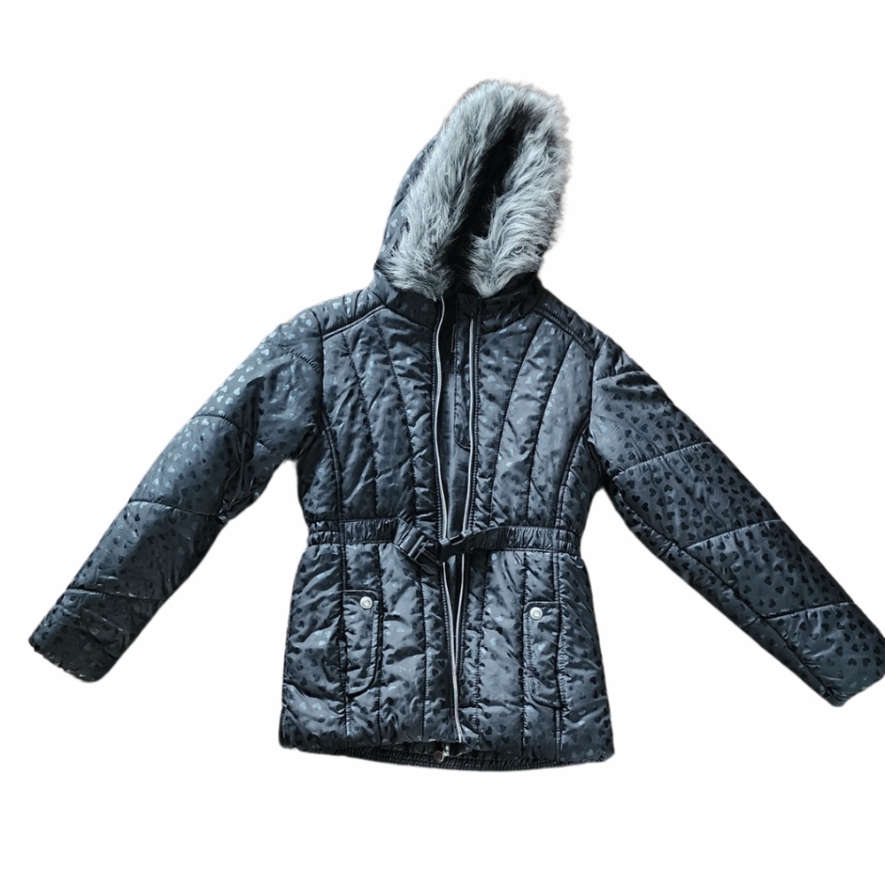 Kids Quilted Jacket with Faux Fur Hood - Black